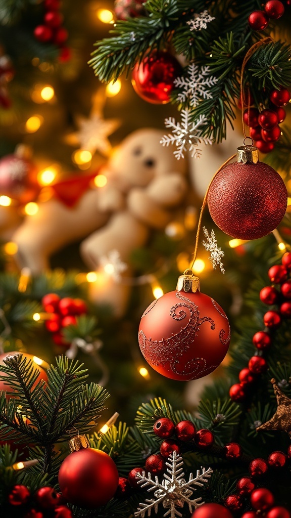 A festive Christmas background with lights, ornaments, and pine branches, perfect for holiday-themed designs.